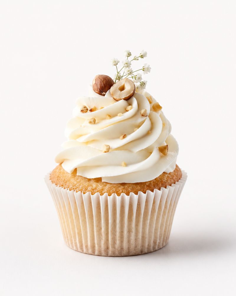 Cupcake à la crème blanche pochée, décoré de noisettes et de gypsophile