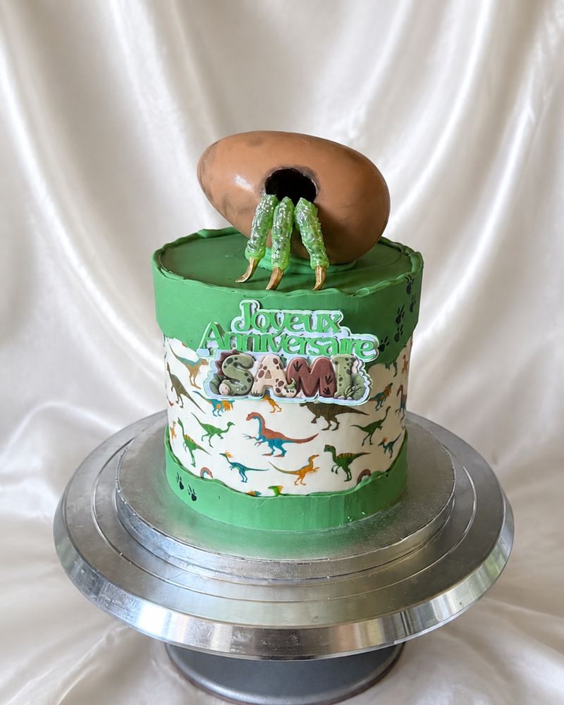 Gâteau d'anniversaire dinosaures surmonté d'un œuf en chocolat d'où sortent des griffes