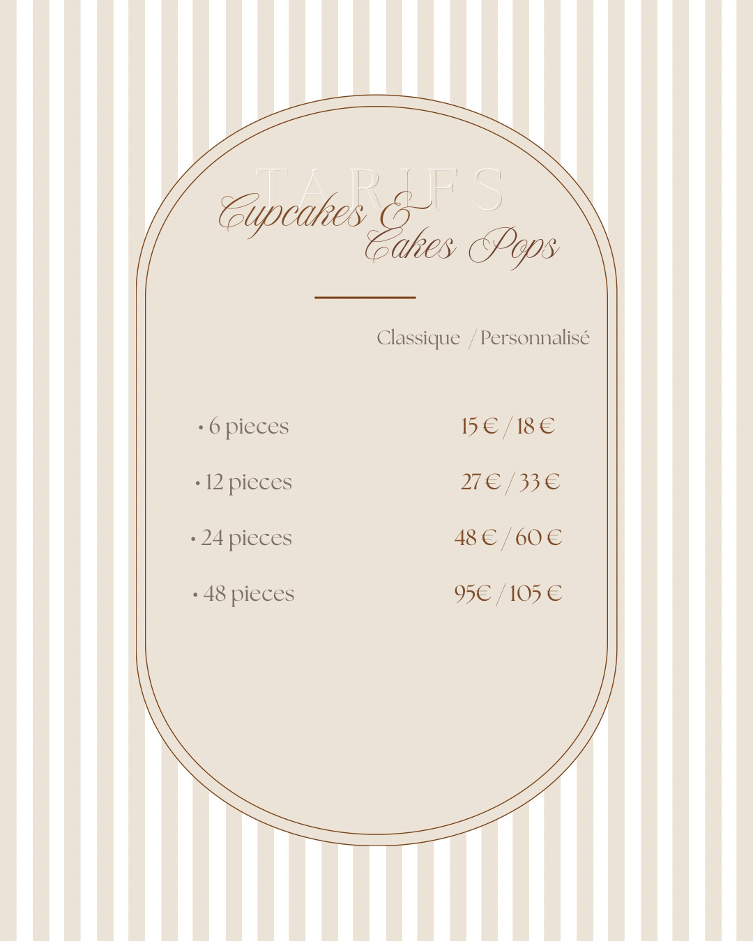 Menu des tarifs Cupcakes et Cake Pops COOKIZZ : de 6 à 48 pièces, de 15 à 105 € en version classique ou personnalisée