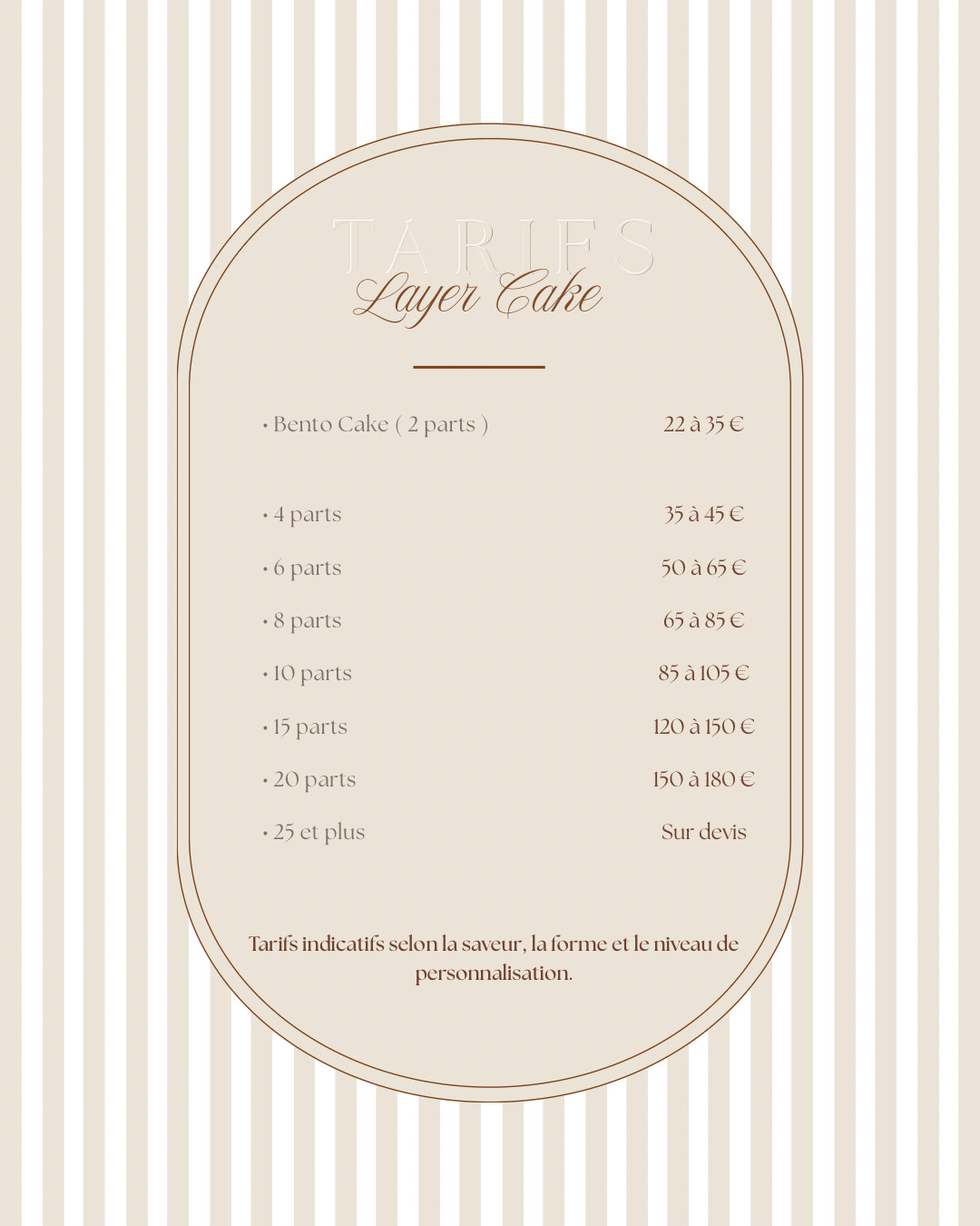 Menu des tarifs Layer Cake COOKIZZ : bento cake 2 parts de 22 à 35 €, de 4 parts à 20 parts de 35 à 180 €, 25 parts et plus sur devis